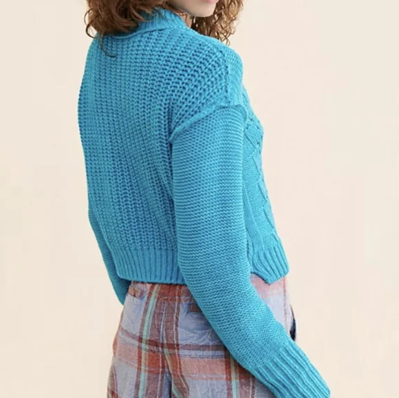 NWT Free People Bell Song Cropped Knit Long Sleeve Sweater Size XS Teal Blue - Picture 2 of 11